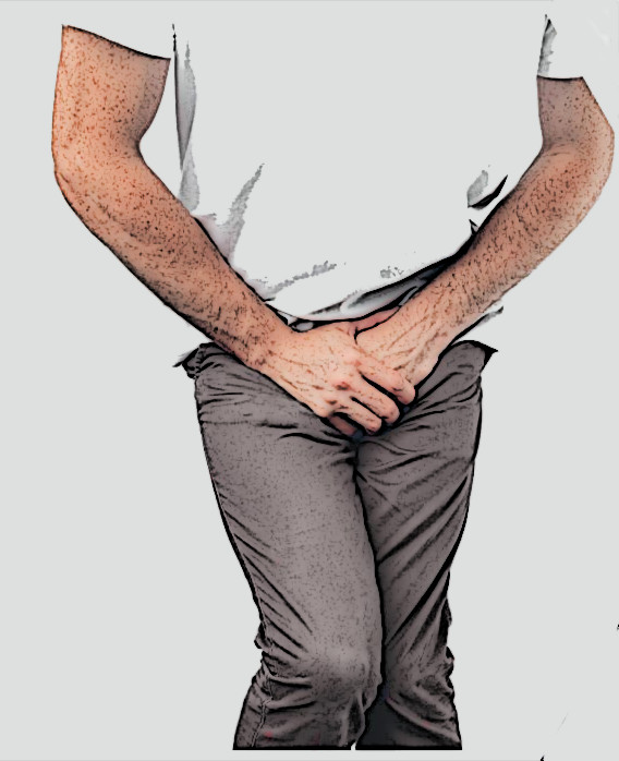 Picture of man suffering from full bladder and clenching his legs.